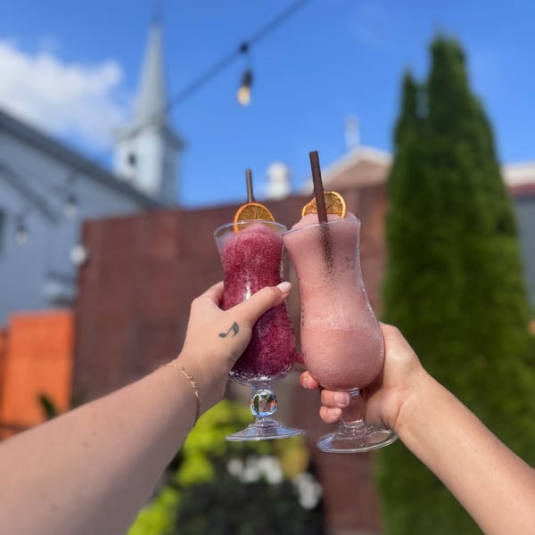 Two hands hold pink and purple blended drinks garnished with dried citrus slices on a sunny outdoor restaurant patio.