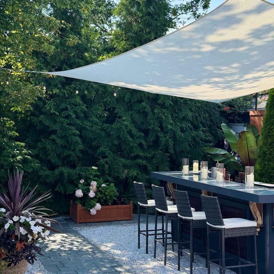 Outdoor restaurant patio with a long bar table, wicker stools, candle lanterns, string lights, and lush greenery beneath a shade sail.
